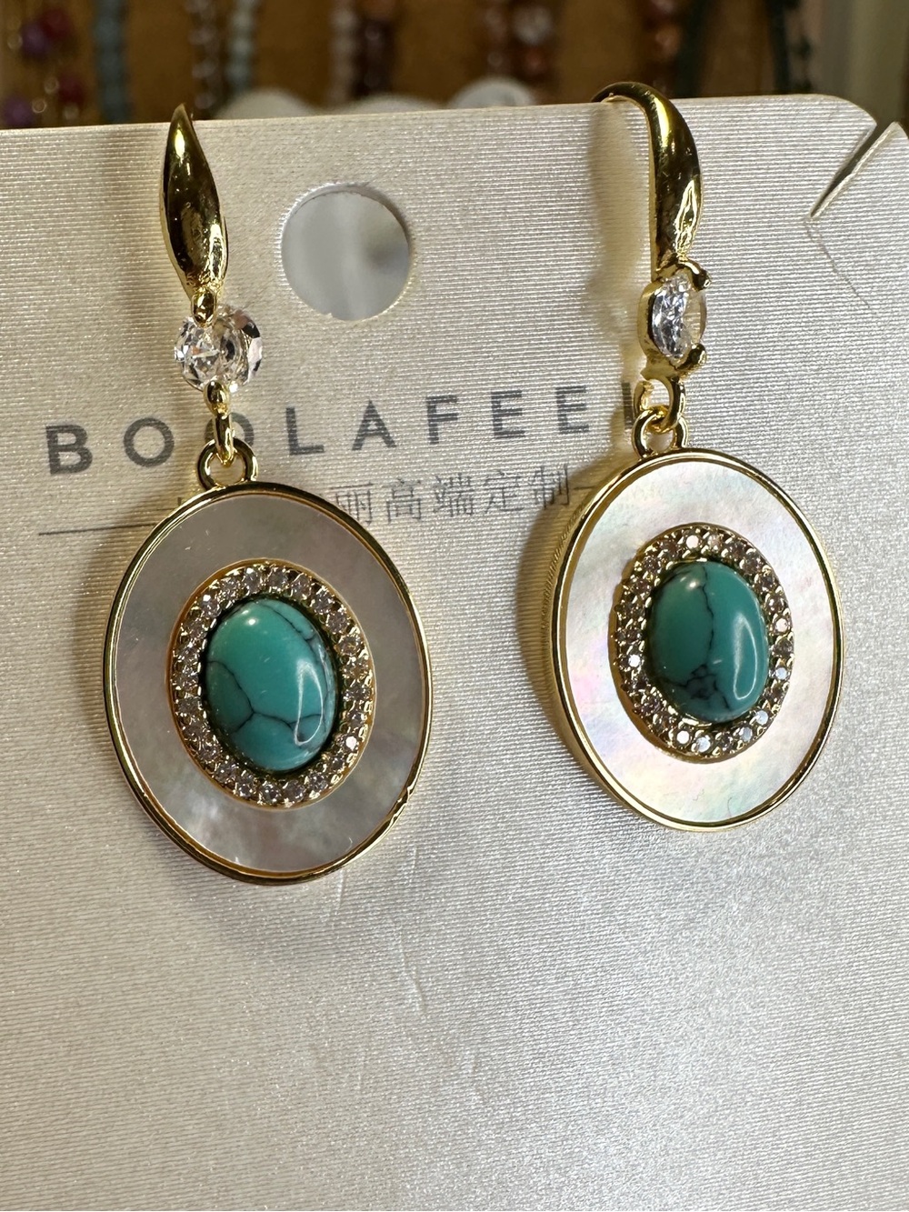 Mother of Pearl Turquoise s925 Hooked Earrings -Oval 20×15.7 mm, length 1.4 inch - Picture 3 of 4